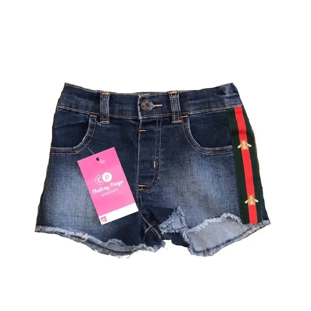 Toddler Denim Shorts W/ Green/Red Bee Side Ribbon - Picture 2 of 12
